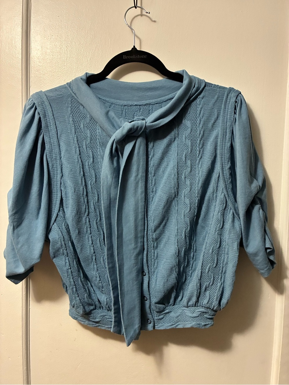 Free People Sky Blue Tie-Neck Cable Knit Blouse